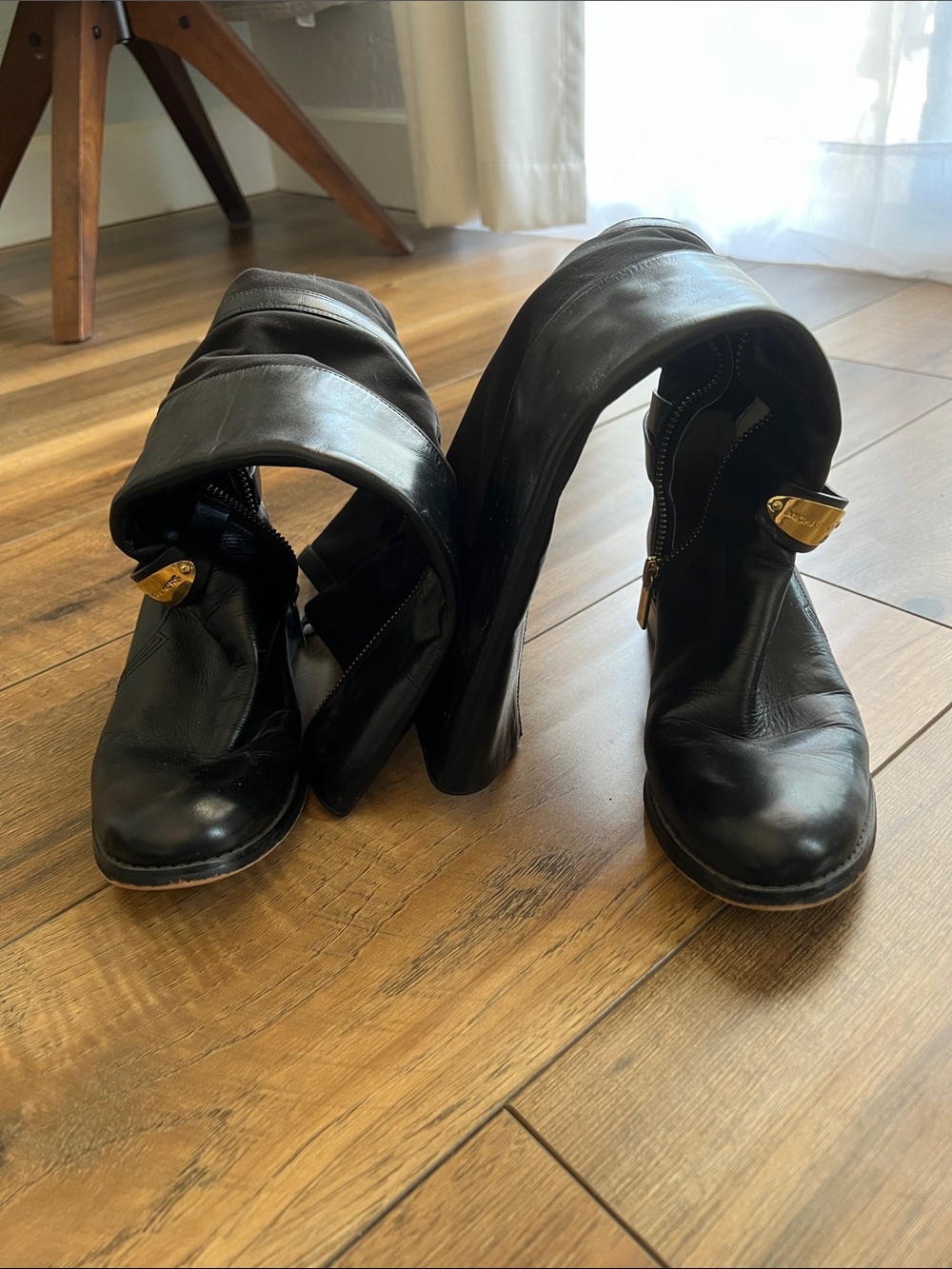 Michael Kors Black Leather Fold-Over Ankle Heeled Boots with Gold Hardware